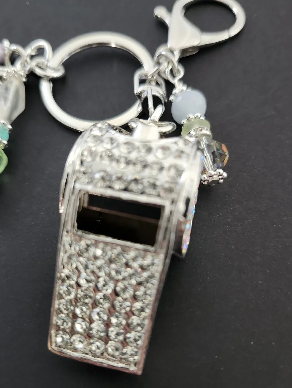Whistle Rhinestone Purse Charm or Keychain Aquamarine Opal Handcrafted